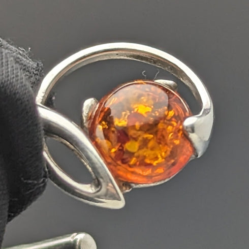 Circa 1910 British Antique Sterling Silver Double Albert Chain 37g Sterling Silver & Amber Fob